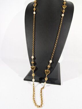 Vintage Saks Fifth Avenue St John Designer Pearl & Heart Chain Necklace